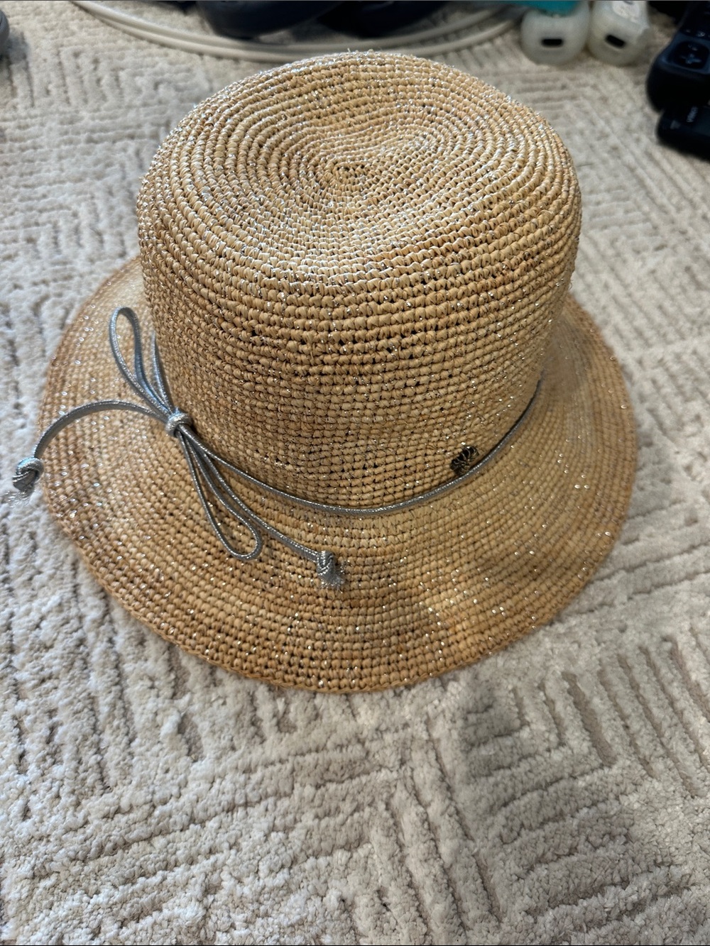 Tommy Bahama Natural Straw with silver sparkle Bucket Hat with Silver Cord Bow